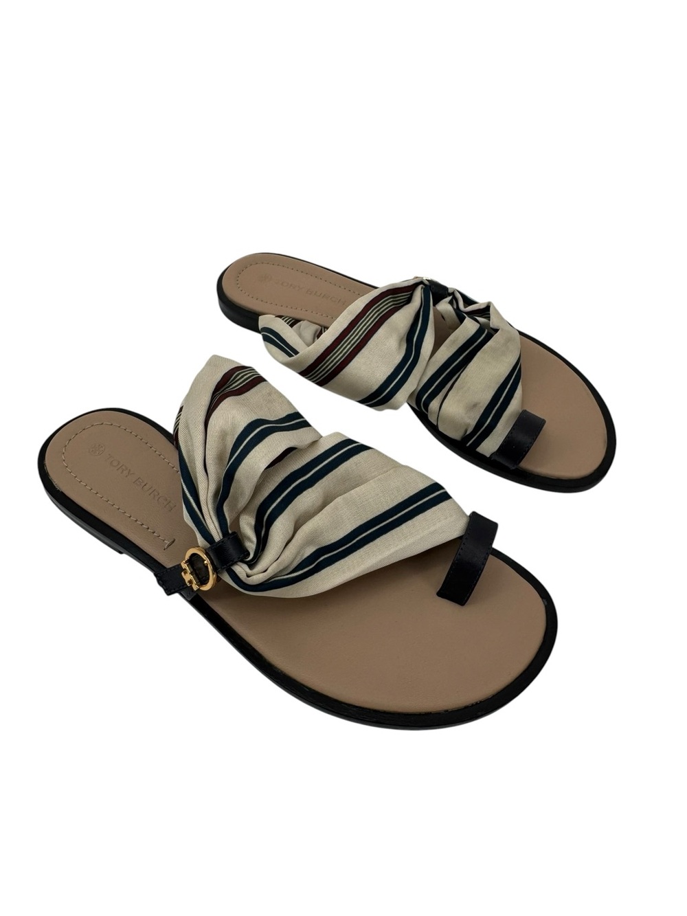 Tory Burch Selby Scarf Toe Ring Slide Sandals Striped Cream Navy Gold Logo 6.5